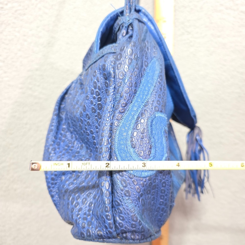 Vintage Nas Bag Blue Patchwork Leather Shoulder Bag 80's Boho Fringe Cloth Lined - Picture 7 of 7